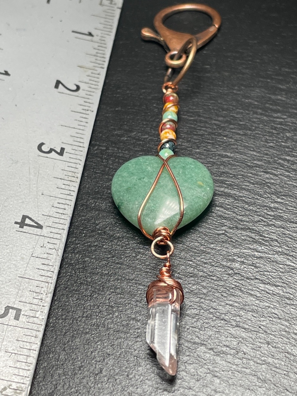 Handmade Aventurine Heart Keychain with Clear Quartz Point - Picture 8 of 10
